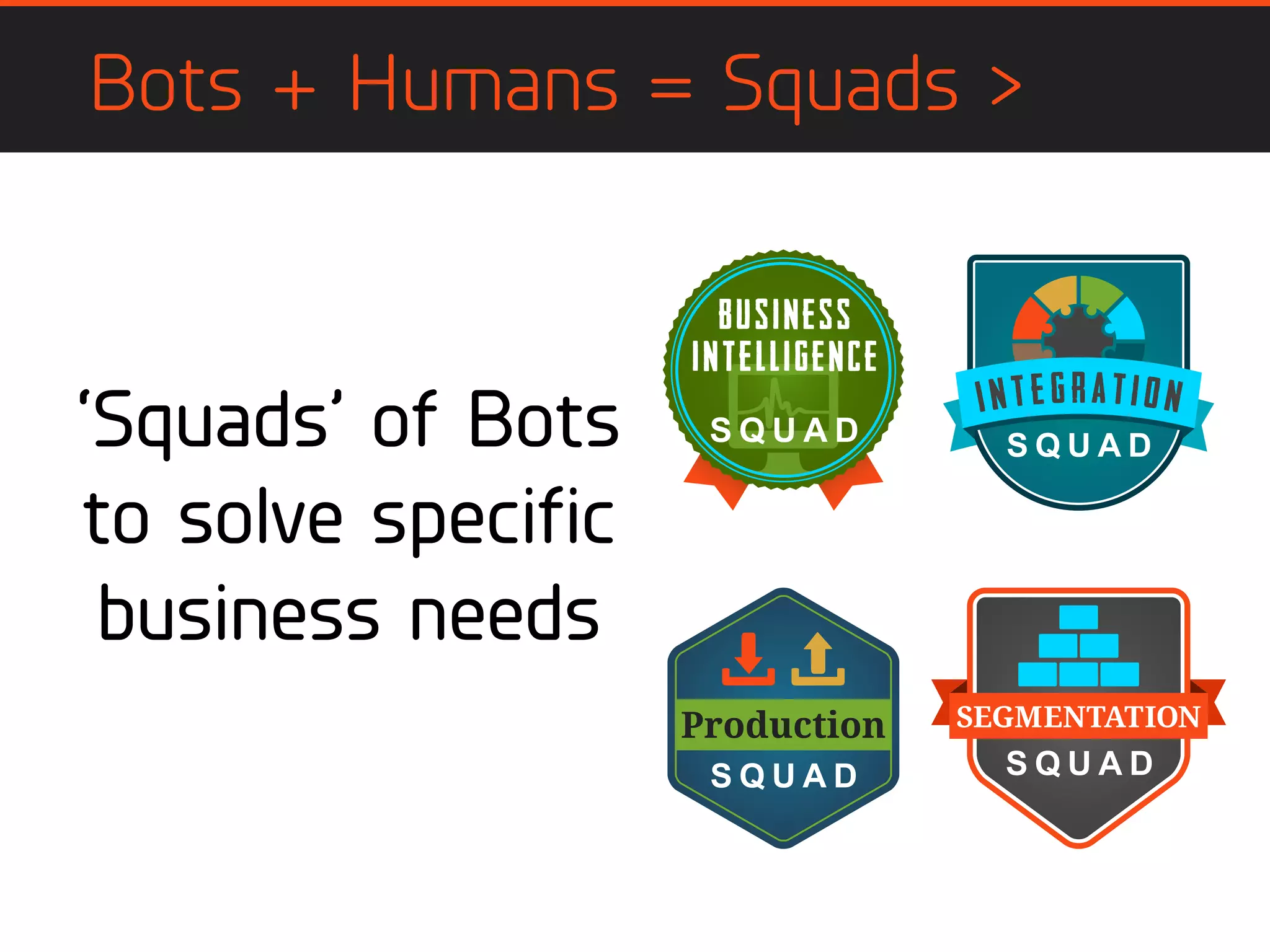 Bots + Humans = Squads >
‘Squads’ of Bots
to solve specific
business needs
 