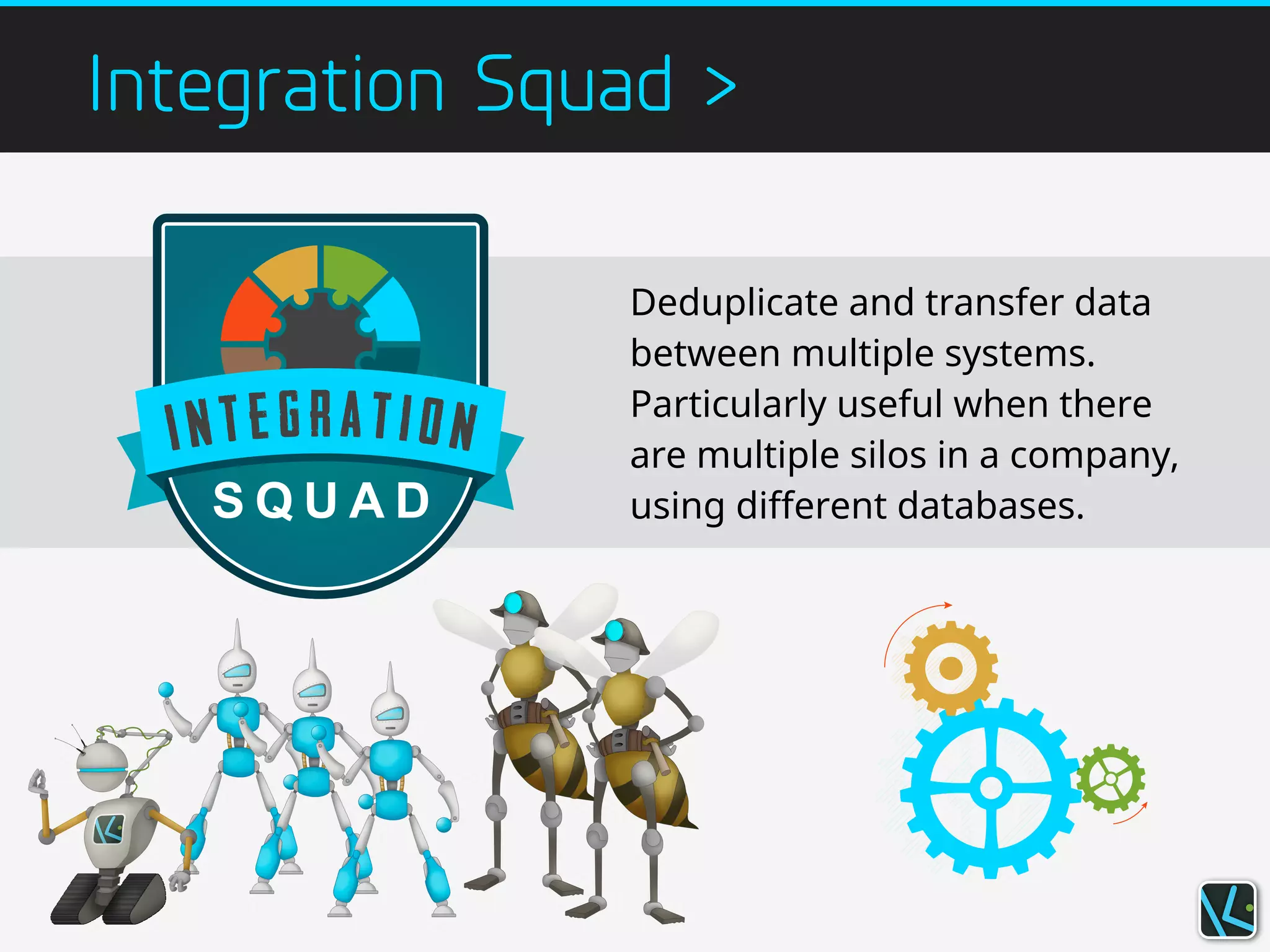 Integration Squad >
Deduplicate and transfer data
between multiple systems.
Particularly useful when there
are multiple silos in a company,
using different databases.
 