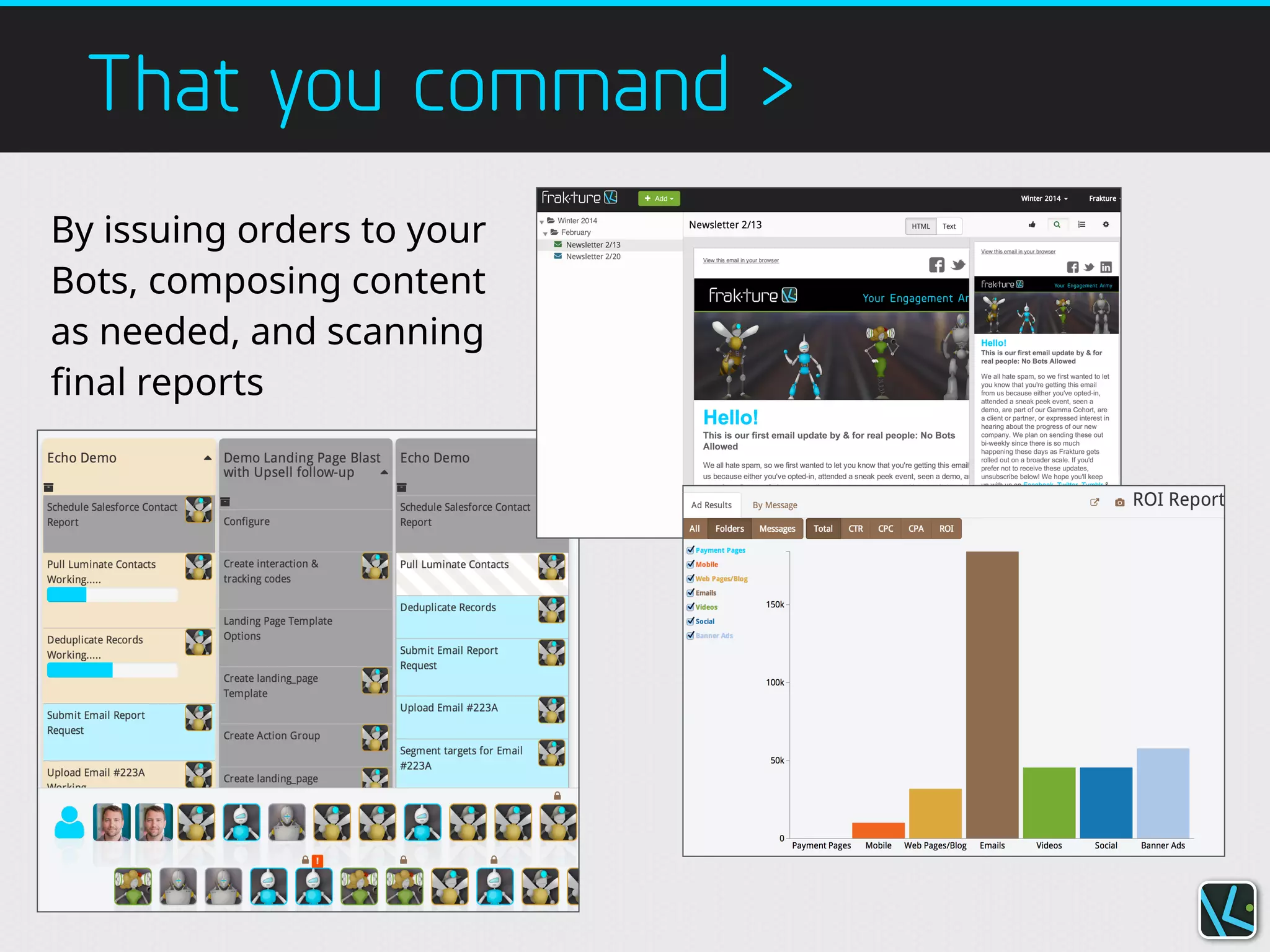 That you command >
By issuing orders to your
Bots, composing content
as needed, and scanning
final reports
 