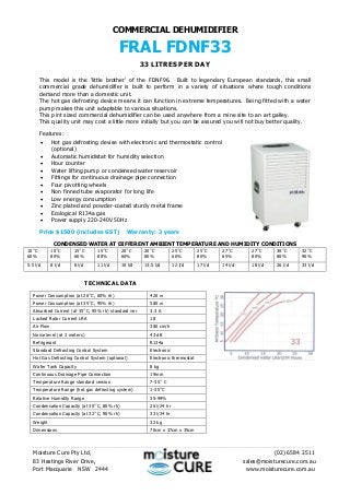 COMMERCIAL DEHUMIDIFIER
FRAL FDNF33
33 LITRES PER DAY
CONDENSED WATER AT DIFFERENT AMBIENT TEMPERATURE AND HUMIDITY CONDITIONS
10˚C
60%
10˚C
80%
15˚C
60%
15˚C
80%
20˚C
60%
20˚C
80%
25˚C
60%
25˚C
80%
27˚C
65%
27˚C
80%
30˚C
80%
32˚C
90%
5.5 l/d 8 l/d 8 l/d 11 l/d 10 l/d 13.5 l/d 12 l/d 17 l/d 14 l/d 18 l/d 26 l/d 33 l/d
TECHNICAL DATA
________________________________________________________________________________________
Moisture Cure Pty Ltd, (02) 6584 2511
83 Hastings River Drive, sales@moisturecure.com.au
Port Macquarie NSW 2444 www.moisturecure.com.au
Power Consumption (at 20˚C, 60% rh) 420 w
Power Consumption (at 35˚C, 95% rh) 580 w
Absorbed Current (at 35˚C, 95% rh) standard ver 3.3 A
Locked Rotor Current LRA 18
Air Flow 380 cm/h
Noise level (at 3 meters) 43 dB
Refrigerant R134a
Standard Defrosting Control System Electronic
Hot Gas Defrosting Control System (optional) Electronic thermostat
Water Tank Capacity 8 kg
Continuous Drainage Pipe Connection 19mm
Temperature Range standard version 7-35˚ C
Temperature Range (hot gas defrosting system) 1-35˚C
Relative Humidity Range 35-99%
Condensation Capacity (at 30˚C, 80% rh) 26 l/24 hr
Condensation Capacity (at 32˚C, 90% rh) 33 l/24 hr
Weight 32 kg
Dimensions 70cm x 37cm x 35cm
This model is the ‘little brother’ of the FDNF96. Built to legendary European standards, this small
commercial grade dehumidifier is built to perform in a variety of situations where tough conditions
demand more than a domestic unit.
The hot gas defrosting device means it can function in extreme temperatures. Being fitted with a water
pump makes this unit adaptable to various situations.
This pint sized commercial dehumidifier can be used anywhere from a mine site to an art galley.
This quality unit may cost a little more initially but you can be assured you will not buy better quality.
Features:
 Hot gas defrosting devise with electronic and thermostatic control
(optional)
 Automatic humidistat for humidity selection
 Hour counter
 Water lifting pump or condensed water reservoir
 Fittings for continuous drainage pipe connection
 Four pivotting wheels
 Non finned tube evaporator for long life
 Low energy consumption
 Zinc plated and powder-coated sturdy metal frame
 Ecological R134a gas
 Power supply 220-240V 50Hz
Price $1500 (includes GST) Warranty: 3 years
 