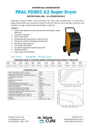 COMMERCIAL DEHUMIDIFIER
FRAL FDSDC 62 Super Dryer
CENTRIFUGAL FAN - 62 LITRES PER DAY
CONDENSED WATER AT DIFFERENT AMBIENT TEMPERATURE AND HUMIDITY CONDITIONS
10˚C
60%
10˚C
80%
15˚C
60%
15˚C
80%
20˚C
60%
20˚C
80%
25˚C
60%
25˚C
80%
27˚C
65%
27˚C
80%
30˚C
80%
32˚C
90%
10 l/d 17 l/d 14 l/d 22 l/d 19 l/d 27 l/d 23 l/d 34 l/d 28 l/d 36 l/d 52 l/d 62 l/d
TECHNICAL DATA
_______________________________________________________________________________________
Moisture Cure Pty Ltd, (02) 6584 2511
83 Hastings River Drive, sales@moisturecure.com.au
Port Macquarie NSW 2444 www.moisturecure.com.au
Power Consumption (at 20˚C, 60% rh) 700 w
Power Consumption (at 35˚C, 95% rh) 950 w
Absorbed Current (at 35˚C, 95% rh) standard ver. 4.4 A
Locked Rotor Current LRA 20
Air Flow 600 cm/h
Noise level (at 3 meters) 51 dB
Refrigerant R407c
Standard Defrosting Control System Electronic
Hot Gas Defrosting Control System (optional) Electronic thermostat
Water Tank Capacity 12 kg
Continuous Drainage Pipe Connection 19mm
Temperature Range standard version 7-35˚ C
Temperature Range (hot gas defrosting system) 1-35˚C
Relative Humidity Range 35-99%
Condensation Capacity (at 30˚C, 80% rh) 52 l/24 hr
Condensation Capacity (at 32˚C, 90% rh) 62 l/24 hr
Weight 50 kg
Dimensions 53cm x 60cm x 93cm
Features:
 Hot gas defrosting device with electronic and thermostatic control
(optional)
 Automatic humidistat
 Hour counter (STD)
 Condensed water lifting pump or water reservoir
 Fittings for continuous draining pipe connection
 Non-finned tube evaporator
 Low energy consumption
 Zinc plated and powder-coated sturdy frame
 Ecologic gas R407c
 Power supply 220-240V 50Hz
Legendary European design and functionality this heavy duty portable dryer is made with a
tough rotomoulded case, particularly suited for the hire industry, water damage restoration and
anywhere a tough, transportable dehumidifier is called for.
Price: $ P.O.A. (Includes GST) Warranty: 3 years
 