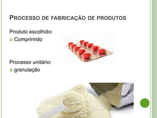 PROCESSO DE FABRICAÇÃO DE PRODUTOS
Produto escolhido:
 Comprimido
Processo unitário:
 granulação
 