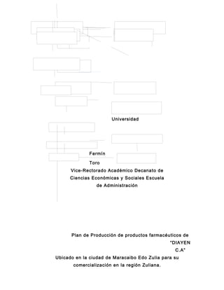 Universidad
Fermín
Toro
Vice-Rectorado Académico Decanato de
Ciencias Económicas y Sociales Escuela
de Administración
Plan de Producción de productos farmacéuticos de
“DIAYEN
C.A”
Ubicado en la ciudad de Maracaibo Edo Zulia para su
comercialización en la región Zuliana.
 