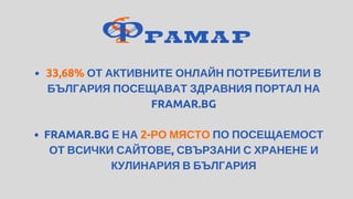 33,68% ОТ АКТИВНИТЕ ОНЛАЙН ПОТРЕБИТЕЛИ В
БЪЛГАРИЯ ПОСЕЩАВАТ ЗДРАВНИЯ ПОРТАЛ НА
FRAMAR.BG
FRAMAR.BG Е НА 2-РО МЯСТО ПО ПОСЕЩАЕМОСТ
ОТ ВСИЧКИ САЙТОВЕ, СВЪРЗАНИ С ХРАНЕНЕ И
КУЛИНАРИЯ В БЪЛГАРИЯ
 