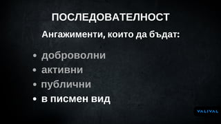 ПОСЛЕДОВАТЕЛНОСТ
доброволни
активни
публични 
в писмен вид
Ангажименти, които да бъдат:
 