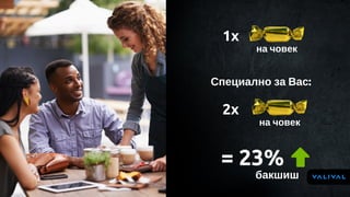 1x
на човек
Специално за Вас:
= 23% 
2x
на човек
бакшиш
 
