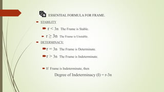 ESSENTIAL FORMULA FOR FRAME.
ï‚´ STABILITY
ï‚´ r < 3n The Frame is Stable.
 r ≥ 3n The Frame is Unstable.
ï‚´ DETERMINACY:
ï‚´r = 3n The Frame is Determinate.
ï‚´r > 3n The Frame is Indeterminate.
ï‚´ If Frame is Indeterminate, then
Degree of Indeterminacy (I) = r-3n