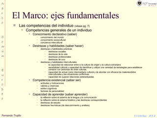 El Marco: ejes fundamentales Las competencias del individuo  (véase pg. 7) Competencias generales de un individuo Conocimiento declarativo (saber) conocimiento del mundo conocimiento sociocultural conciencia intercultural Destrezas y habilidades (saber hacer) destrezas y habilidades prácticas destrezas sociales destrezas de la vida destrezas profesionales destrezas de ocio destrezas y habilidades interculturales la capacidad de relacionar entre sí la cultura de origen y la cultura extranjera. sensibilidad cultural y capacidad de identificar y utilizar una variedad de estrategias para establecer contacto con personas de otras culturas. capacidad de actuar como intermediario cultural y de abordar con eficacia los malentendidos interculturales y las situaciones conflictivas. capacidad de superar relaciones estereotipadas. Competencia existencial (saber ser) actitudes y motivaciones valores y creencias estilos cognitivos factores de personalidad Capacidad de aprender (saber aprender) la reflexión sobre el sistema de la lengua y la comunicación la reflexión sobre el sistema fonético y las destrezas correspondientes destrezas de estudio destrezas heurísticas (de descubrimiento y análisis) 