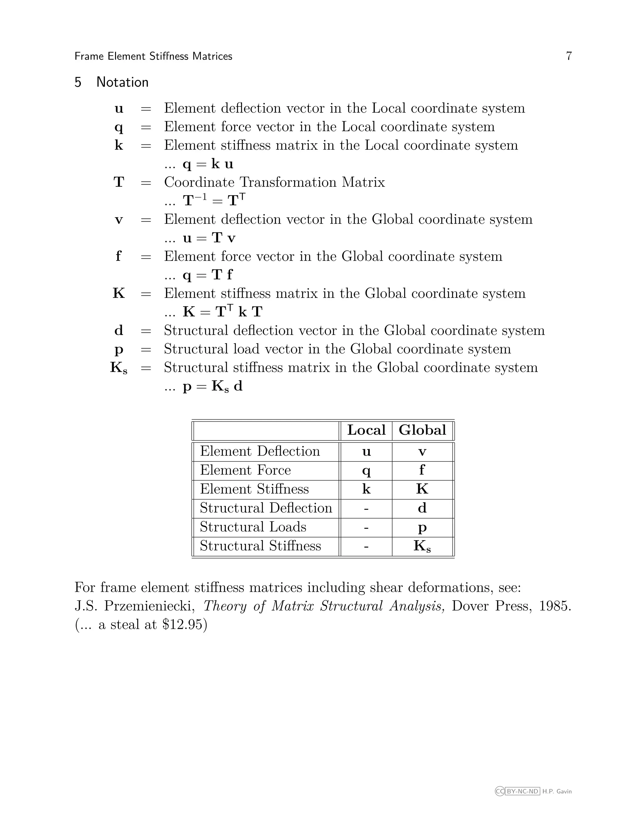 Frame Element Stiﬀness Matrices 7
5 Notation
u = Element deﬂection vector in the Local coordinate system
q = Element force vector in the Local coordinate system
k = Element stiﬀness matrix in the Local coordinate system
... q = k u
T = Coordinate Transformation Matrix
... T−1
= TT
v = Element deﬂection vector in the Global coordinate system
... u = T v
f = Element force vector in the Global coordinate system
... q = T f
K = Element stiﬀness matrix in the Global coordinate system
... K = TT
k T
d = Structural deﬂection vector in the Global coordinate system
p = Structural load vector in the Global coordinate system
Ks = Structural stiﬀness matrix in the Global coordinate system
... p = Ks d
Local Global
Element Deﬂection u v
Element Force q f
Element Stiﬀness k K
Structural Deﬂection - d
Structural Loads - p
Structural Stiﬀness - Ks
For frame element stiﬀness matrices including shear deformations, see:
J.S. Przemieniecki, Theory of Matrix Structural Analysis, Dover Press, 1985.
(... a steal at $12.95)
CC BY-NC-ND H.P. Gavin
 