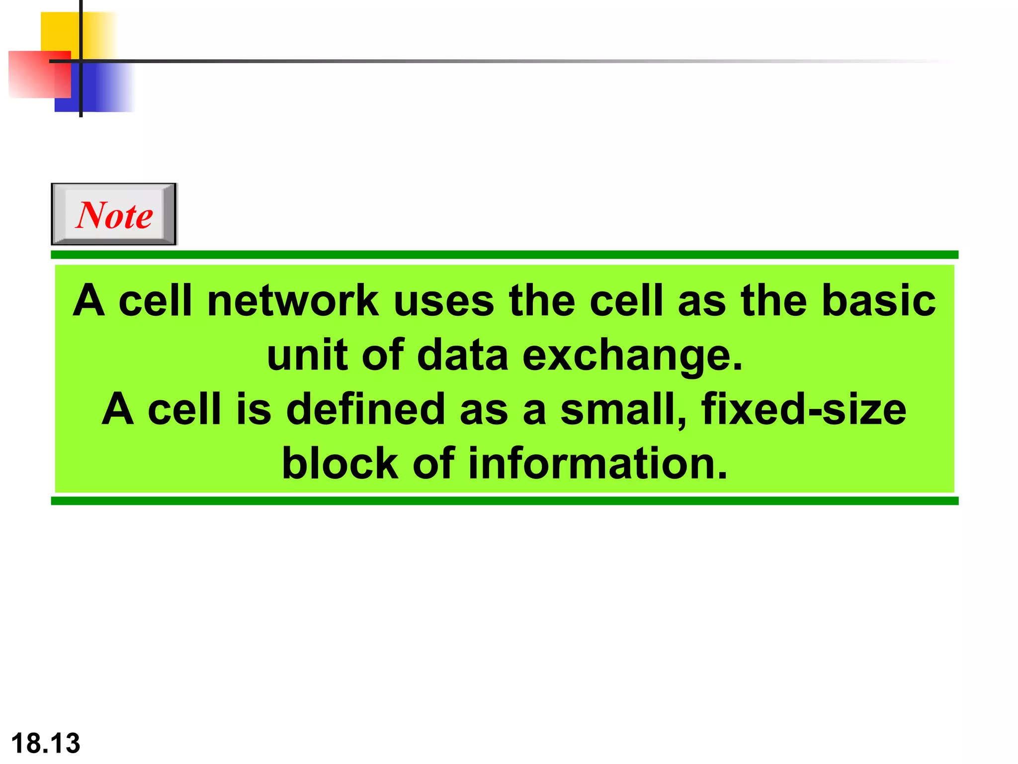 A cell network uses the cell as the basic unit of data exchange. A cell is defined as a small, fixed-size block of information. Note 