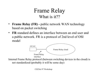 Frame Relay What is it?? ,[object Object],[object Object],[object Object],Frame Relay cloud end user Frame Relay  interface 