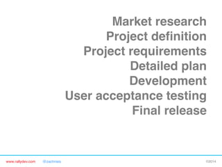 Market research"
Project deﬁnition"
Project requirements"
Detailed plan"
Development"
User acceptance testing"
Final release"

FIRST CONTACT WITH

CUSTOMERS"

www.rallydev.com

@zachnies!

©2014!

 