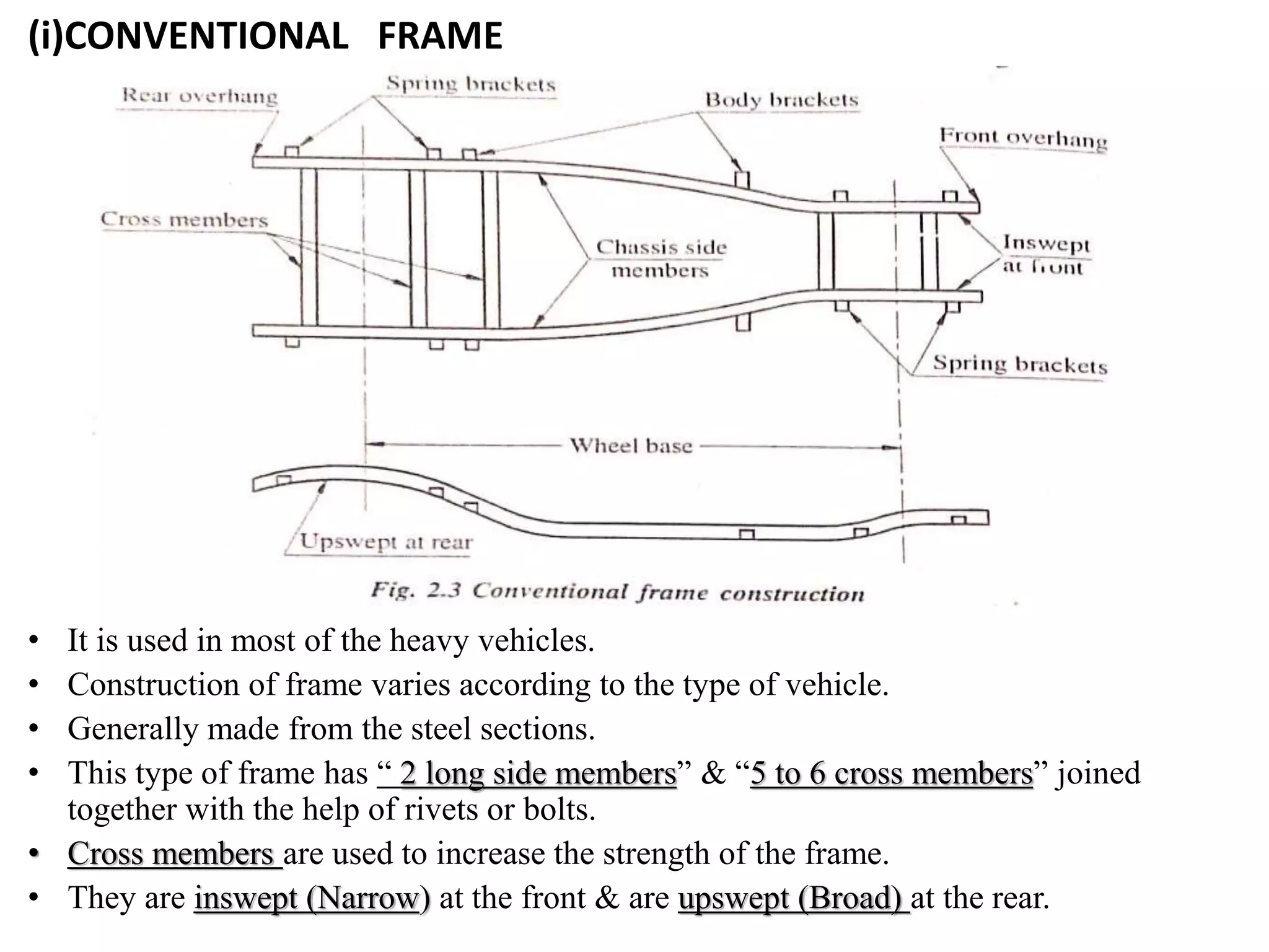 (i)CONVENTIONAL FRAME
• It is used in most of the heavy vehicles.
• Construction of frame varies according to the type of vehicle.
• Generally made from the steel sections.
• This type of frame has “ 2 long side members” & “5 to 6 cross members” joined
together with the help of rivets or bolts.
• Cross members are used to increase the strength of the frame.
• They are inswept (Narrow) at the front & are upswept (Broad) at the rear.
 