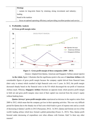 Strategy
 sustain its long-term future by retaining strong investment and industry-
leading
brand in the markets
 focus on optimal operating efficiency and providing excellent product and service
4. Profitability Analysis
4.1 Gross profit margin ratios
Figure 1: Gross profit margin of three companies (2009 – 2013)
(Source: Adapted from Qantas, American and Singapore Airlines annual reports)
As the whole, figure 1 illustrates that the significance point is the case of American Airlines with
considerable figures of gross profit margin because the company capital dirived from financial loans
(their euity is minus) which resulted in high financial costs over 5 years. In 2012, the profit margin
decreased sharply based on the financial crisis in the US which discourged the net profit of American
Airlines much. Whereas, Singapore Airlines illustrates an opposite trend, which possitve profit margin
in both net and gross profit margins since most of their capital was received from the owner’s equity
without banking loans.
Qantas Airways’ gross profit margin ratios experienced an decrease to the negative ratios from
2009 to 2012, which mean that the company got loss in their operating activities. This was very difficult
period for Qantas due to the sharply rise of fuel costs which leads to grow of expense ratio and as a result
of decreasing in Qantas’s profits in 2012 (Narayanan, 2012). In 2013, Qantas and Emirate are two of the
world's leading airlines which have formed a global partnership (Frazer, S., 2013). Thus, Qantas profit
boosted under decreasing of expenditure cost when alliance with Emirate. Kuk? Is there any other
reasons?
GROSS PROFIT MARGIN%
 