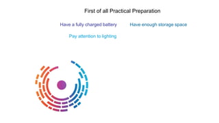 Have a fully charged battery Have enough storage space
Pay attention to lighting
First of all Practical Preparation
 
