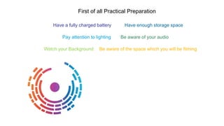 Have a fully charged battery Have enough storage space
Pay attention to lighting Be aware of your audio
Watch your Background Be aware of the space which you will be filming
First of all Practical Preparation
 