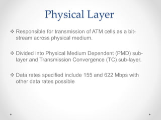Physical Layer
 Responsible for transmission of ATM cells as a bit-
stream across physical medium.
 Divided into Physical Medium Dependent (PMD) sub-
layer and Transmission Convergence (TC) sub-layer.
 Data rates specified include 155 and 622 Mbps with
other data rates possible
 