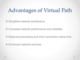 Advantages of Virtual Path
 Simplified network architecture
 Increased network performance and reliability
 Reduced processing and short connection setup time
 Enhanced network services
 