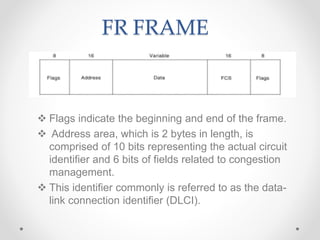 FR FRAME
 Flags indicate the beginning and end of the frame.
 Address area, which is 2 bytes in length, is
comprised of 10 bits representing the actual circuit
identifier and 6 bits of fields related to congestion
management.
 This identifier commonly is referred to as the data-
link connection identifier (DLCI).
 