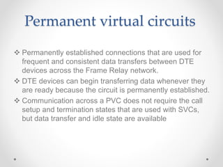 Permanent virtual circuits
 Permanently established connections that are used for
frequent and consistent data transfers between DTE
devices across the Frame Relay network.
 DTE devices can begin transferring data whenever they
are ready because the circuit is permanently established.
 Communication across a PVC does not require the call
setup and termination states that are used with SVCs,
but data transfer and idle state are available
 