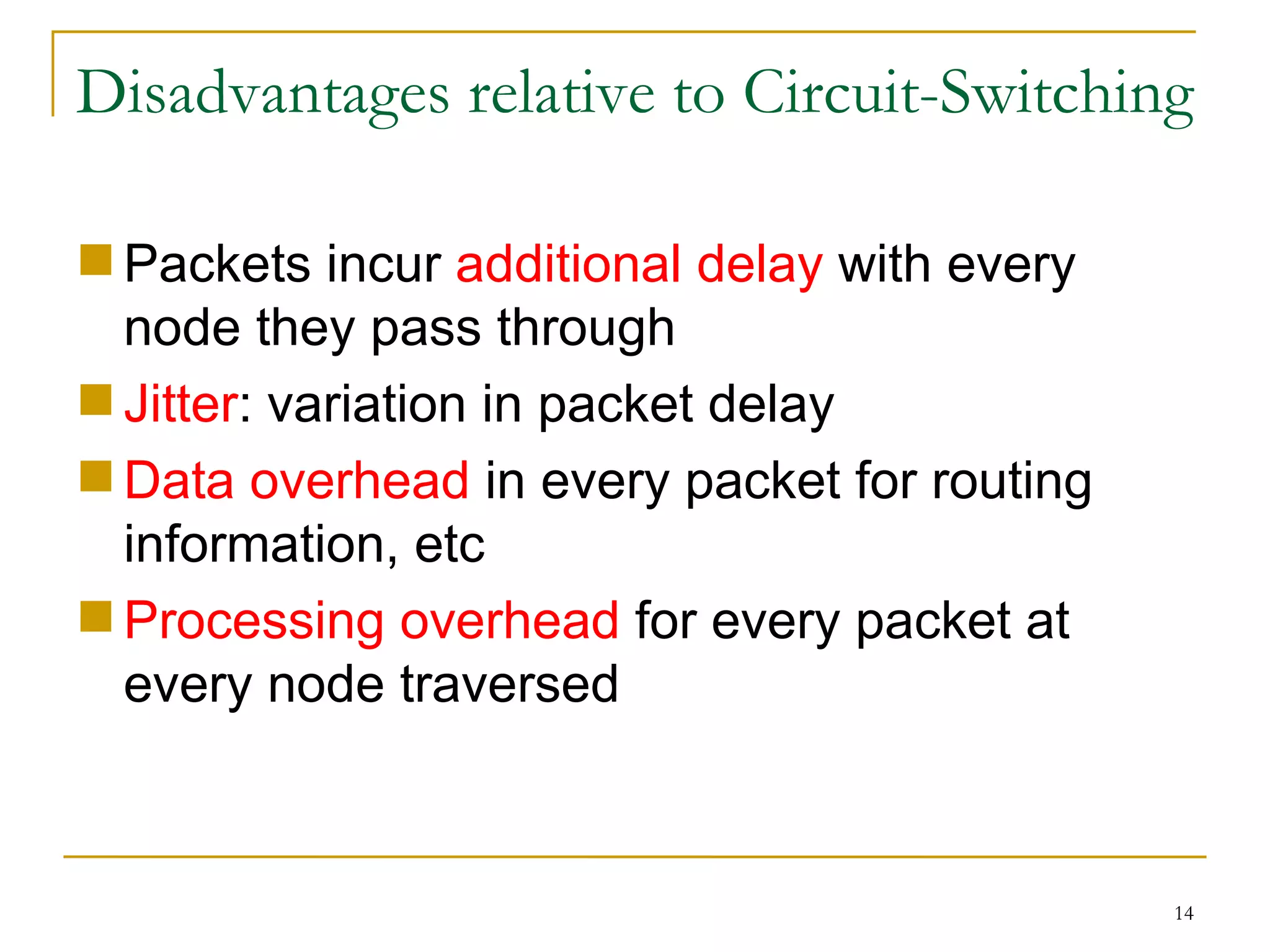 Disadvantages relative to Circuit-Switching Packets incur  additional delay  with every node they pass through Jitter : variation in packet delay Data overhead  in every packet for routing information, etc Processing overhead  for every packet at every node traversed 