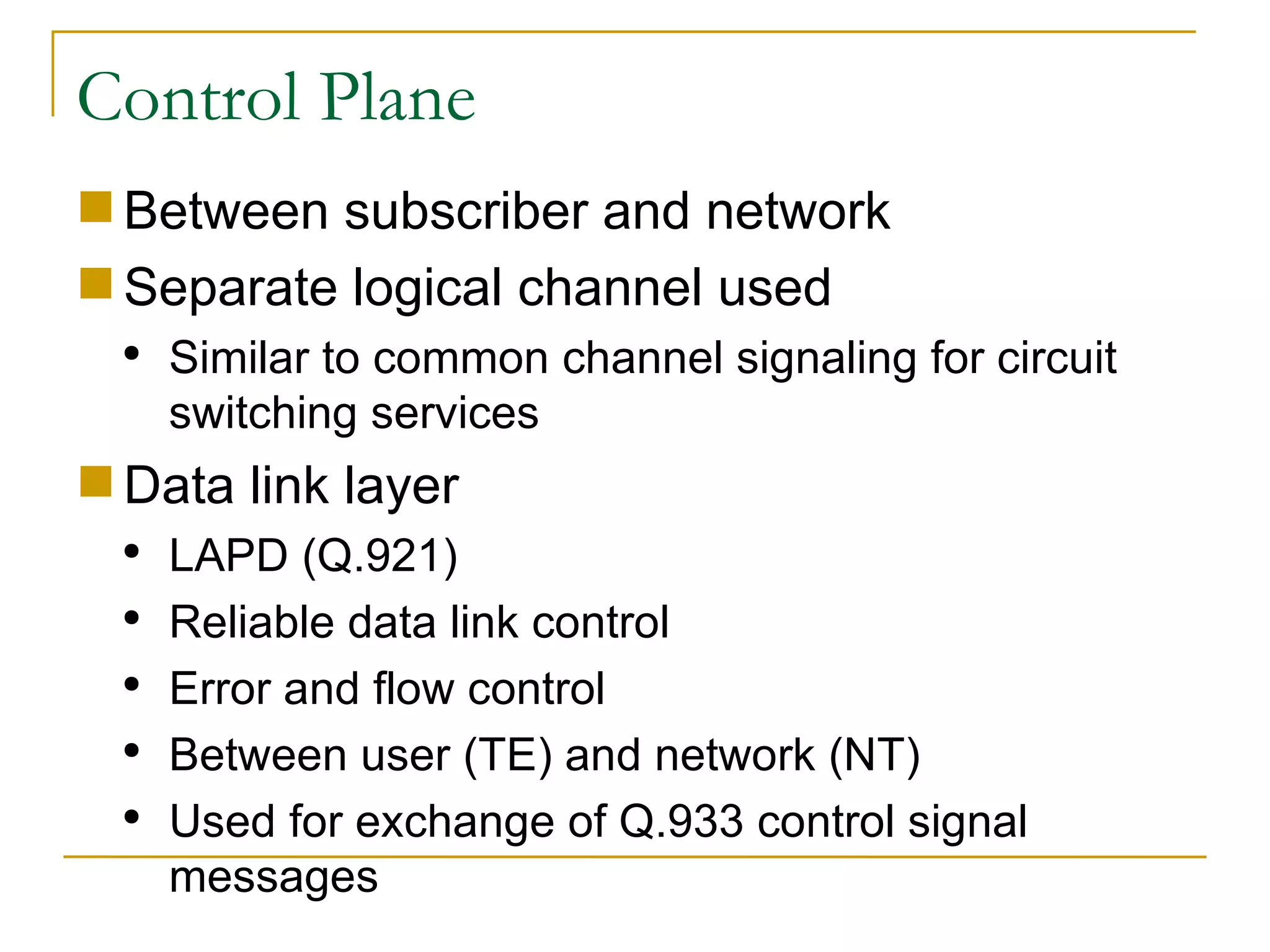 Control Plane Between subscriber and network Separate logical channel used Similar to common channel signaling for circuit switching services Data link layer LAPD (Q.921) Reliable data link control Error and flow control Between user (TE) and network (NT) Used for exchange of Q.933 control signal messages 