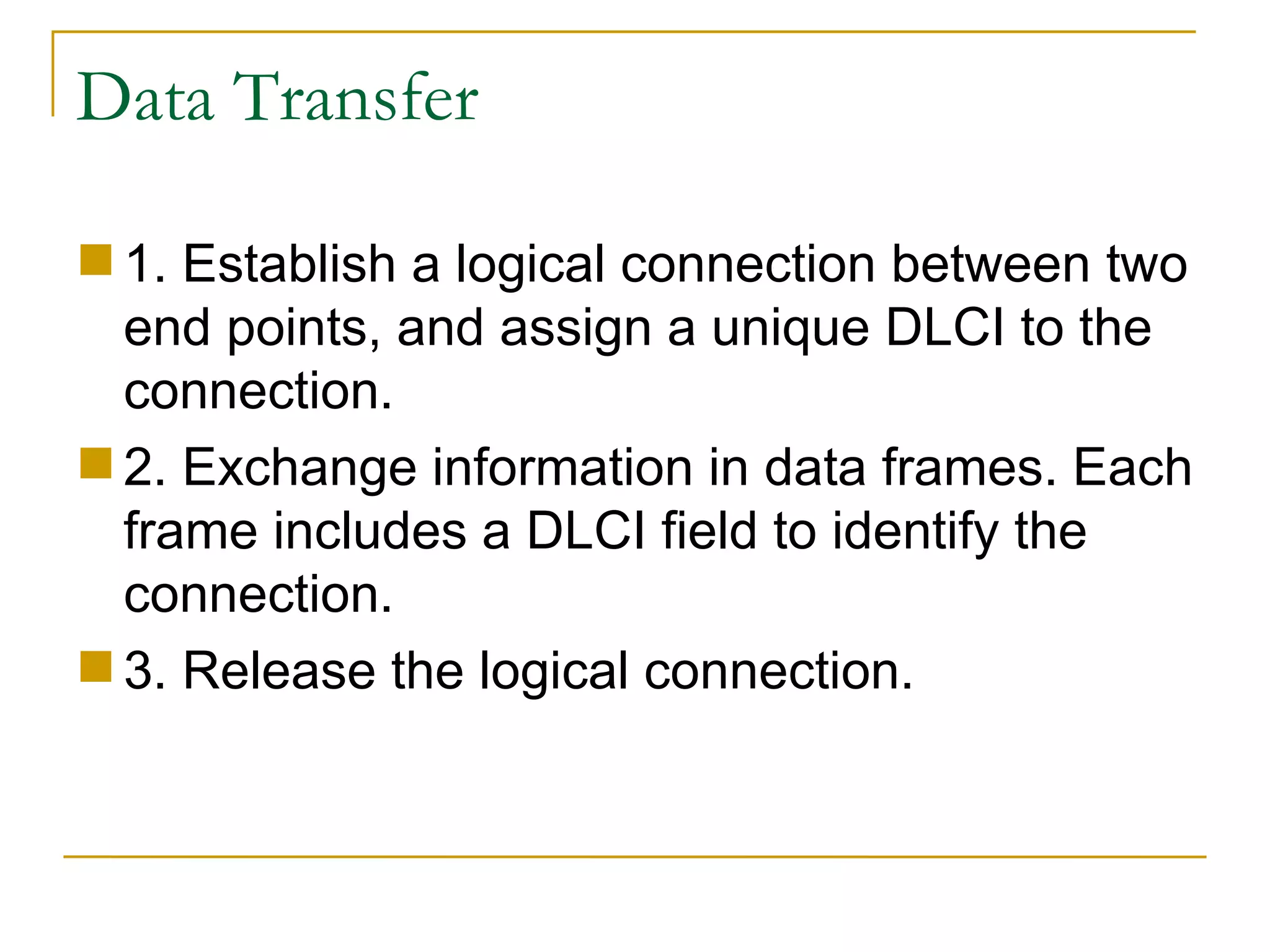 Data Transfer 1. Establish a logical connection between two end points, and assign a unique DLCI to the connection.  2. Exchange information in data frames. Each frame includes a DLCI field to identify the connection.  3. Release the logical connection. 