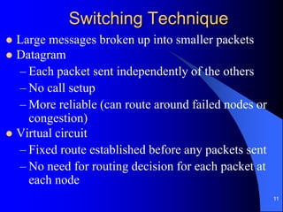 11
Switching Technique
 Large messages broken up into smaller packets
 Datagram
– Each packet sent independently of the others
– No call setup
– More reliable (can route around failed nodes or
congestion)
 Virtual circuit
– Fixed route established before any packets sent
– No need for routing decision for each packet at
each node
 