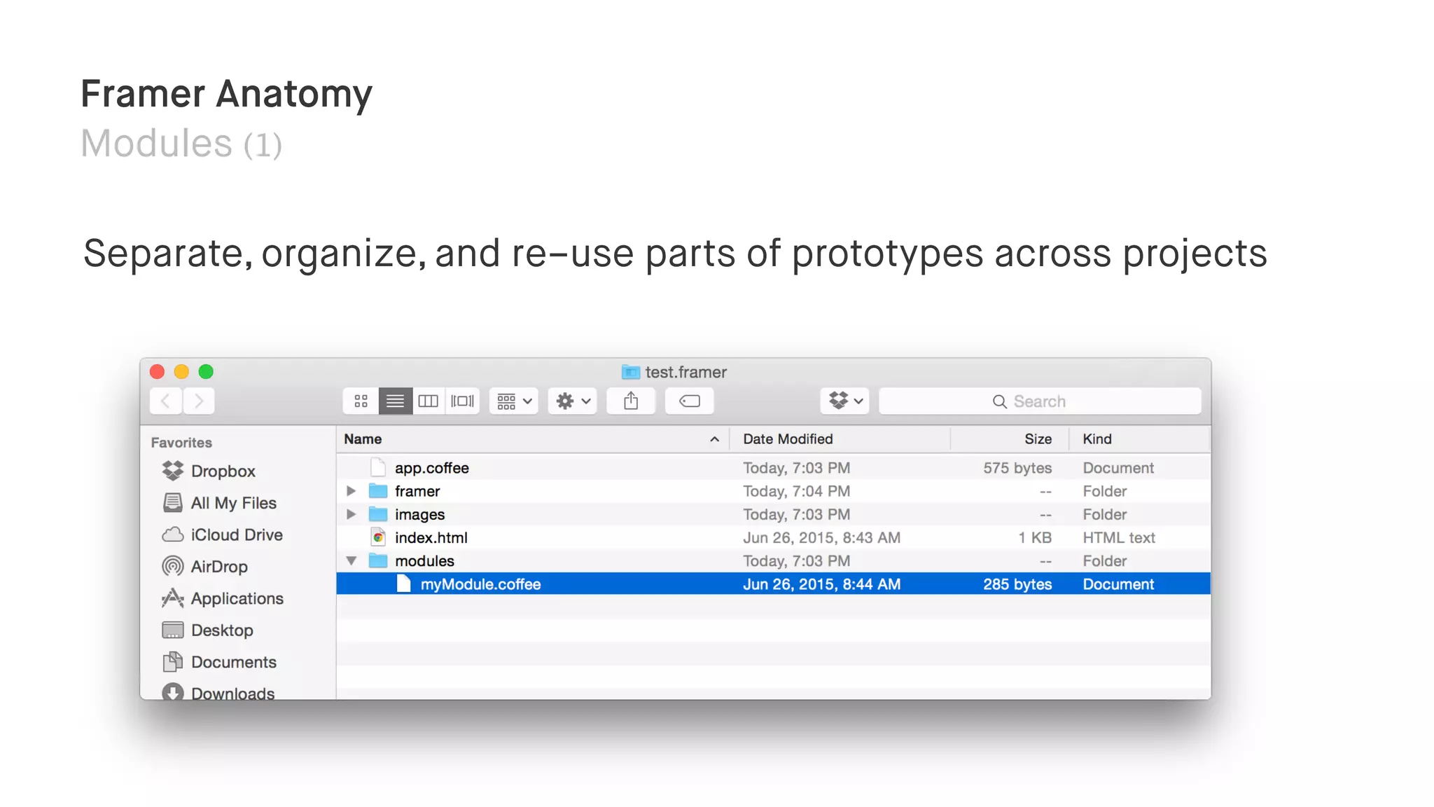 Framer Anatomy
Modules (1)
Separate, organize, and re-use parts of prototypes across projects
 