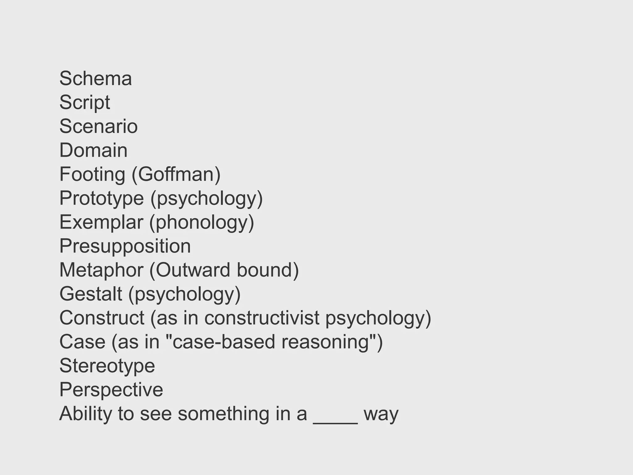 Schema
Script
Scenario
Domain
Footing (Goffman)
Prototype (psychology)
Exemplar (phonology)
Presupposition
Metaphor (Outward bound)
Gestalt (psychology)
Construct (as in constructivist psychology)
Case (as in "case-based reasoning")
Stereotype
Perspective
Ability to see something in a ____ way
 
