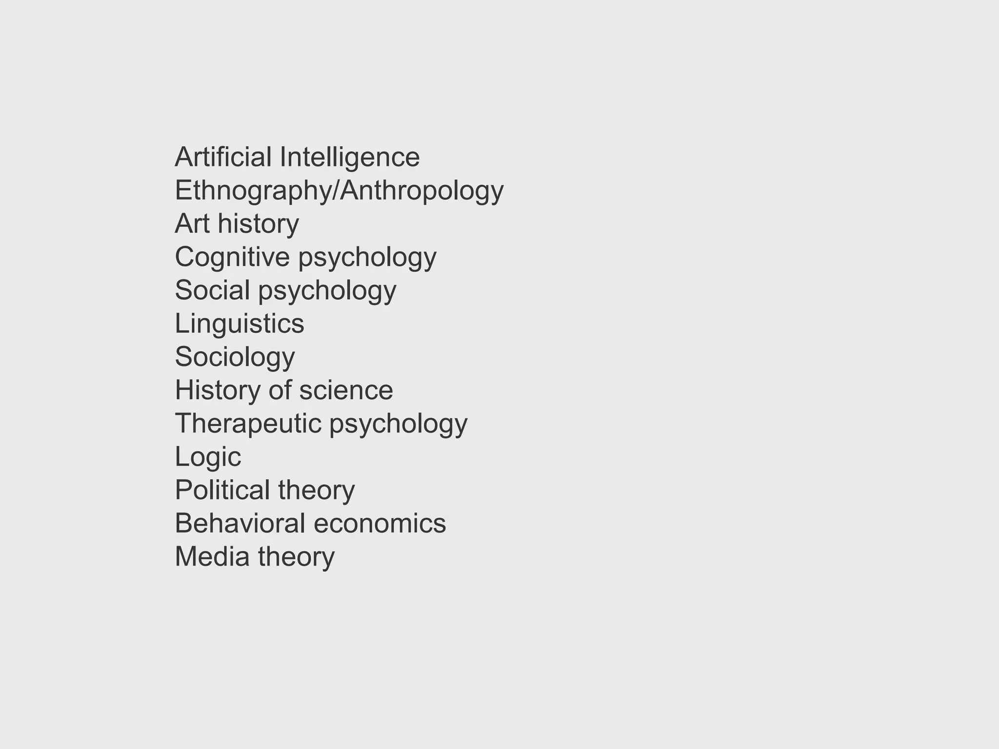 Artificial Intelligence
Ethnography/Anthropology
Art history
Cognitive psychology
Social psychology
Linguistics
Sociology
History of science
Therapeutic psychology
Logic
Political theory
Behavioral economics
Media theory
 