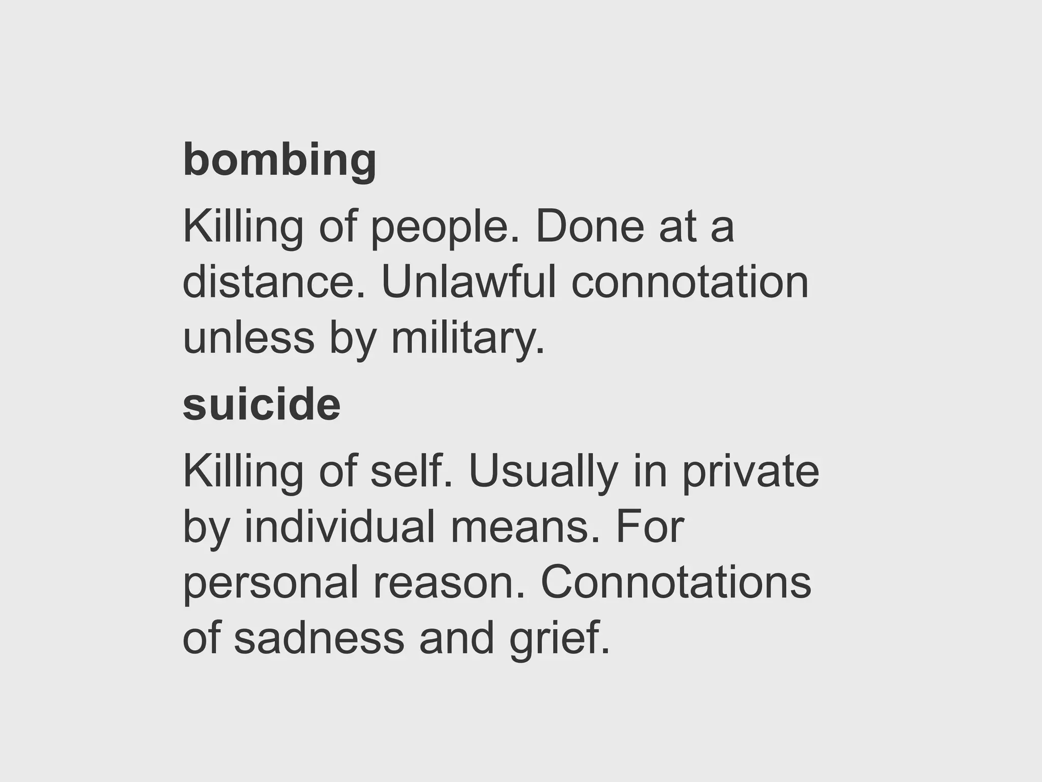 bombing
Killing of people. Done at a
distance. Unlawful connotation
unless by military.
suicide
Killing of self. Usually in private
by individual means. For
personal reason. Connotations
of sadness and grief.
 