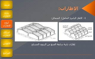 ‫تعريف‬
‫مادة‬
‫الطارات‬
‫أنواع‬
‫اإلطارات‬
‫أشكال‬
‫اإلطارات‬
1-‫البابي‬ ‫الطار‬(‫الحامل‬)‫المتماثل‬:
‫المسل‬ ‫البيتون‬ ‫من‬ ‫الصنع‬ ‫سابقة‬ ‫بابية‬ ‫إطارات‬‫ح‬‫القواس‬
‫المراجع‬
 