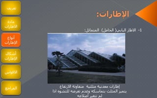 ‫تعريف‬
‫مادة‬
‫الطارات‬
‫أنواع‬
‫اإلطارات‬
‫أشكال‬
‫اإلطارات‬
1-‫البابي‬ ‫الطار‬(‫الحامل‬)‫المتماثل‬:
‫الرتفاع‬ ‫متفاوتة‬ ‫مثلثية‬ ‫معدنية‬ ‫إطارات‬
‫للت‬ ‫تعرضه‬ ‫وعدم‬ ‫بتماسكه‬ ‫المثلث‬ ‫يتميز‬‫اذا‬ ‫شوه‬
‫أضالعه‬ ‫تتغير‬ ‫لم‬
‫القواس‬
‫المراجع‬
 