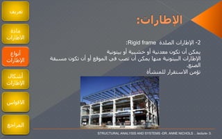 ‫تعريف‬
‫مادة‬
‫الطارات‬
‫أنواع‬
‫اإلطارات‬
‫أشكال‬
‫اإلطارات‬
2-‫الصلدة‬ ‫اإلطارات‬Rigid frame:
‫أو‬ ‫خشبية‬ ‫أو‬ ‫معدنية‬ ‫تكون‬ ‫أن‬ ‫يمكن‬‫بيتونية‬
‫اإلطارات‬‫البيتونية‬‫مس‬ ‫تكون‬ ‫أن‬ ‫أو‬ ‫الموقع‬ ‫في‬ ‫تصب‬ ‫أن‬ ‫يمكن‬ ‫منها‬‫بقة‬
‫الصنع‬.
‫للمنشأة‬ ‫الستقرار‬ ‫تؤمن‬
STRUCTURAL ANALYSIS AND SYSTEMS -DR. ANNE NICHOLS …lecture- 3.
‫القواس‬
‫المراجع‬
 