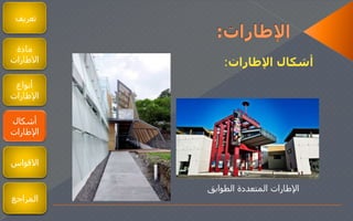 ‫تعريف‬
‫مادة‬
‫الطارات‬
‫أنواع‬
‫اإلطارات‬
‫أشكال‬
‫اإلطارات‬
‫اإلطارات‬ ‫أشكال‬:
‫الطوابق‬ ‫المتعددة‬ ‫اإلطارات‬
‫القواس‬
‫المراجع‬
 