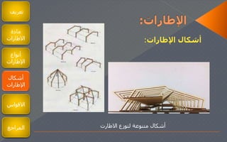 ‫تعريف‬
‫مادة‬
‫الطارات‬
‫أنواع‬
‫اإلطارات‬
‫أشكال‬
‫اإلطارات‬
‫اإلطارات‬ ‫أشكال‬:
‫لتوزع‬ ‫متنوعة‬ ‫أشكال‬‫الطارت‬
‫القواس‬
‫المراجع‬
 