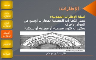 ‫تعريف‬
‫مادة‬
‫الطارات‬
‫أنواع‬
‫اإلطارات‬
‫أشكال‬
‫اإلطارات‬
‫المعدنية‬ ‫اإلطارات‬ ‫أمثلة‬:
‫من‬ ‫أوسع‬ ‫بمجازات‬ ‫المعدنية‬ ‫اإلطارات‬ ‫تمتاز‬
‫األخرى‬ ‫المواد‬
‫شبكية‬ ‫أو‬ ‫مفرغة‬ ‫أو‬ ‫مصمتة‬ ‫تكون‬ ‫أن‬ ‫يمكن‬
‫ظفر‬ ‫مع‬ ‫شبكي‬ ‫اطار‬
‫القواس‬
‫المراجع‬
 
