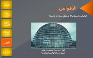 ‫تعريف‬
‫مادة‬
‫الطارات‬
‫أنواع‬
‫اإلطارات‬
‫أشكال‬
‫اإلطارات‬
‫المراجع‬
‫أنواع‬
‫اإلطارات‬
‫األقواس‬
‫المعدنية‬ ‫القواس‬:‫واسعة‬ ‫مجازات‬ ‫تتحمل‬
‫على‬ ‫محمولة‬ ‫زجاجية‬ ‫قبة‬
‫المعدنية‬ ‫األقواس‬ ‫من‬ ‫عدد‬
 