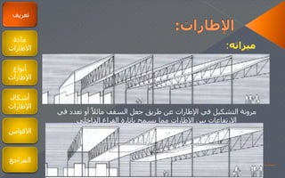 ‫ميزاته‬:
‫تعريف‬
‫مادة‬
‫الطارات‬
‫أنواع‬
‫اإلطارات‬
‫أشكال‬
‫اإلطارات‬
‫في‬ ‫تعدد‬ ‫أو‬ ‫ا‬‫مائال‬ ‫السقف‬ ‫جعل‬ ‫طريق‬ ‫عن‬ ‫اإلطارات‬ ‫في‬ ‫التشكيل‬ ‫مرونة‬
‫يسمح‬ ‫مما‬ ‫الطارات‬ ‫بين‬ ‫الرتفاعات‬‫بانارة‬‫الداخلي‬ ‫الفراغ‬
‫القواس‬
‫المراجع‬
 