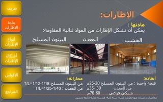 ‫مادتها‬:
‫المقاومة‬ ‫ثنائية‬ ‫المواد‬ ‫من‬ ‫اإلطارات‬ ‫تشكل‬ ‫أن‬ ‫يمكن‬:
‫تعريف‬
‫مادة‬
‫الطارات‬
‫أنواع‬
‫اإلطارات‬
‫أشكال‬
‫اإلطارات‬
‫محاضرات‬‫د‬.‫غسان‬‫عبود‬-‫إنشاء‬ ‫نظريات‬-‫ثانية‬ ‫سنة‬-‫عمارة‬ ‫هندسة‬-‫دمشق‬ ‫جامعة‬
‫الخشب‬‫المسلح‬ ‫البيتون‬ ‫المعدن‬
‫أبعاده‬:
‫واحدة‬ ‫فتحة‬:‫المسلح‬ ‫البيتون‬ ‫من‬20-25‫م‬
‫المعدن‬ ‫من‬30-35‫م‬
‫فراغي‬ ‫شبكي‬60-70‫م‬
‫مجازاته‬:
‫المسلح‬ ‫البيتون‬ ‫من‬:T/L=1/12-1/18
‫المعدن‬ ‫من‬:T/L=1/25-1/40
‫القواس‬
‫المراجع‬
 