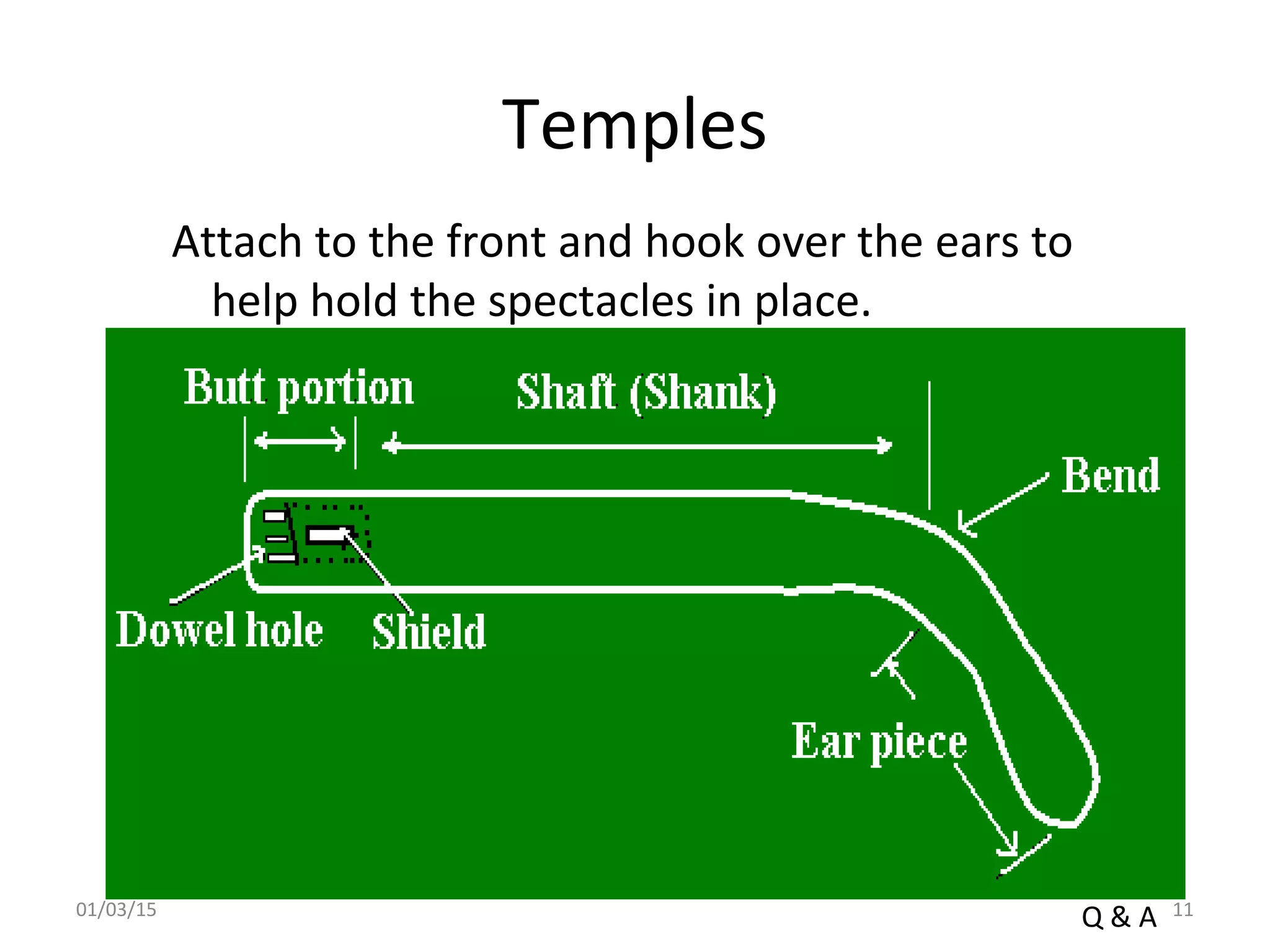 Temples
Attach to the front and hook over the ears to
help hold the spectacles in place.
Q & A01/03/15 11
 