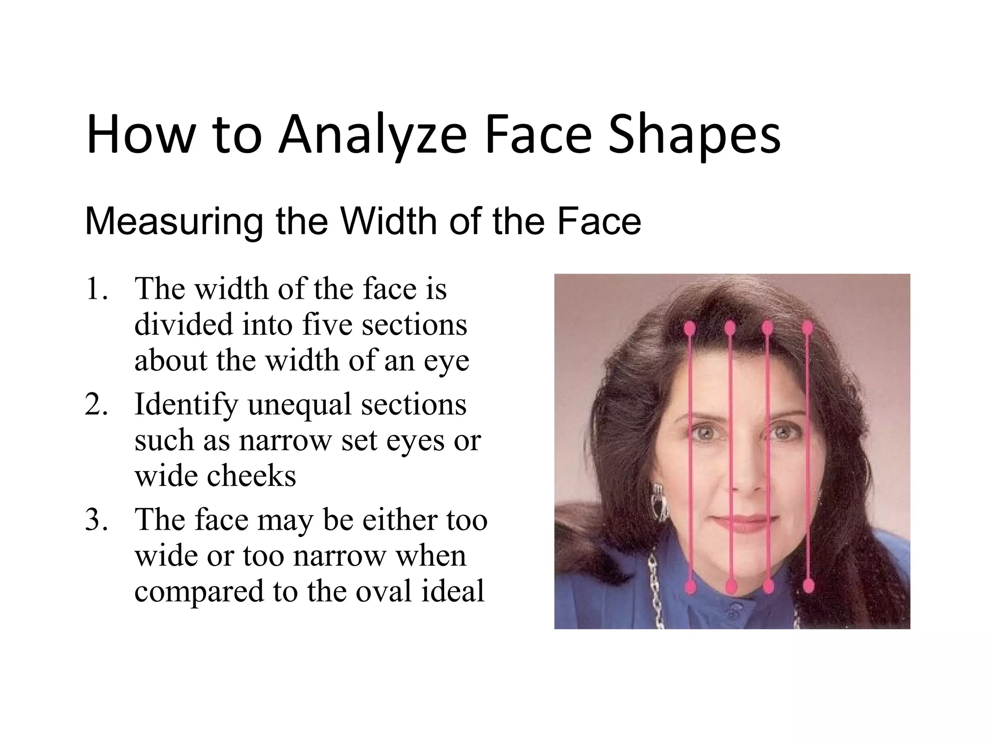 1. The width of the face is
divided into five sections
about the width of an eye
2. Identify unequal sections
such as narrow set eyes or
wide cheeks
3. The face may be either too
wide or too narrow when
compared to the oval ideal
Measuring the Width of the Face
How to Analyze Face Shapes
 