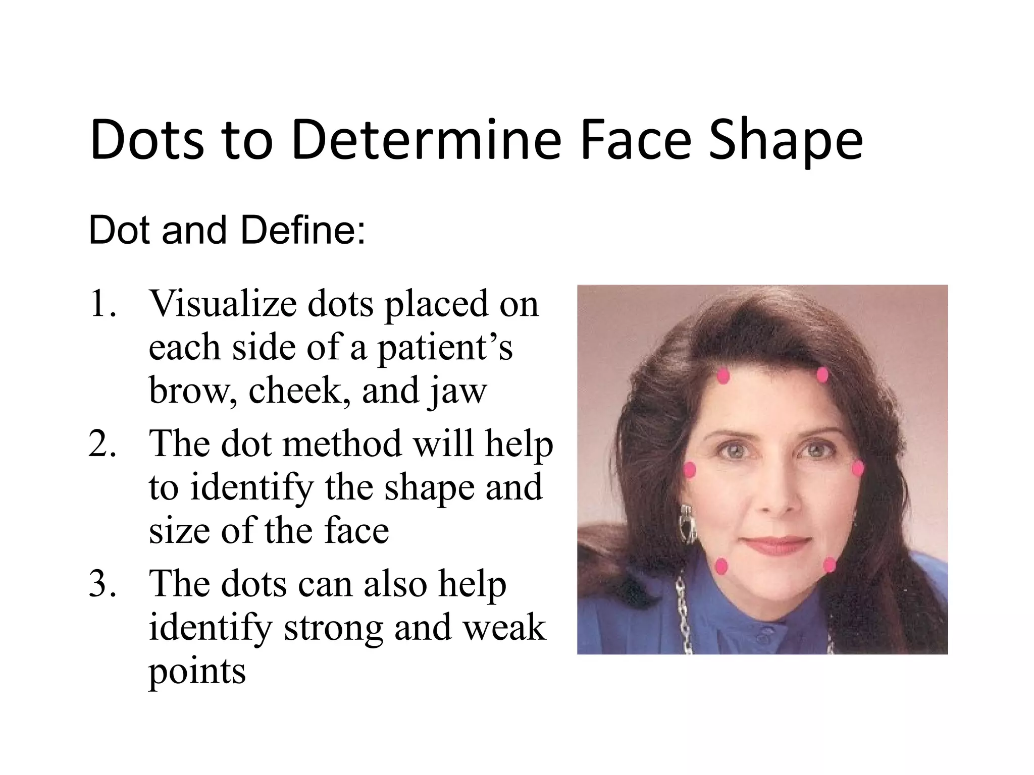 1. Visualize dots placed on
each side of a patient’s
brow, cheek, and jaw
2. The dot method will help
to identify the shape and
size of the face
3. The dots can also help
identify strong and weak
points
Dot and Define:
Dots to Determine Face Shape
 