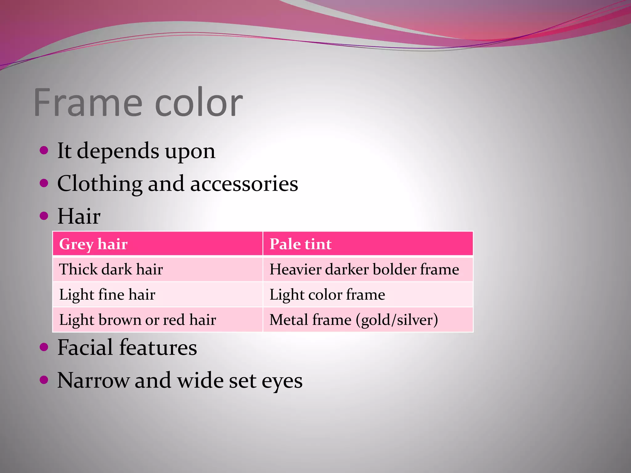 Frame color
 It depends upon
 Clothing and accessories
 Hair
 Facial features
 Narrow and wide set eyes
Grey hair Pale tint
Thick dark hair Heavier darker bolder frame
Light fine hair Light color frame
Light brown or red hair Metal frame (gold/silver)
 