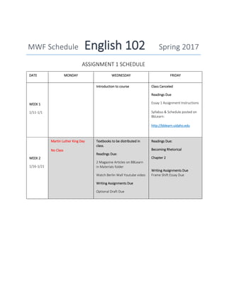 MWF Schedule English 102 Spring 2017
ASSIGNMENT 1 SCHEDULE
DATE MONDAY WEDNESDAY FRIDAY
WEEK 1
1/11-1/1
Introduction to course Class Canceled
Readings Due
Essay 1 Assignment Instructions
Syllabus & Schedule posted on
BbLearn:
http://bblearn.uidaho.edu
WEEK 2
1/16-1/21
Martin Luther King Day
No Class
Textbooks to be distributed in
class.
Readings Due:
2 Magazine Articles on BBLearn
in Materials folder
Watch Berlin Wall Youtube video
Writing Assignments Due
Optional Draft Due
Readings Due:
Becoming Rhetorical
Chapter 2
Writing Assignments Due
Frame Shift Essay Due
 