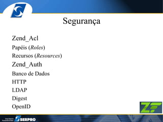 Segurança Zend_Acl Papéis ( Roles ) Recursos ( Resources ) Zend_Auth Banco de Dados HTTP LDAP Digest OpenID 