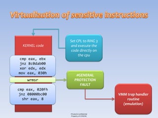 Set CPL to RING 3
  KERNEL code    and execute the
                 code directly on
                      the cpu
cmp eax, ebx
jnz 8c0dab00
xor edx, edx
mov eax, 030h
                      #GENERAL
    wrmsr            PROTECTION
                        FAULT
cmp eax, 020Fh
 jnz 08000bc00                            VMM trap handler
  shr eax, 8                                  routine
                                            (emulation)

                 Private & Confidential
                 Property of COSEINC
 