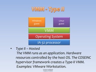 Windows                            Linux
               guest                             guest


                           VMM
                Operating System
                  IA-32 processor
•   Type II – Hosted
     The VMM runs as an application. Hardware
    resources controlled by the host OS. The COSEINC
    hypervisor framework creates a Type-II VMM.
     Examples: VMware Workstation.
                        Private & Confidential
                        Property of COSEINC
 