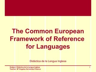 The Common European
Framework of Reference
     for Languages

                         Didáctica de la Lengua Inglesa

Subject: Didáctica de la Lengua Inglesa                   1
Teacher: Mª Ángeles Hernández Polanco
 